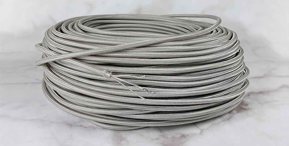 Cable textile rond couleur argent avec filin porteur gaine teflon 2x0.75mm in