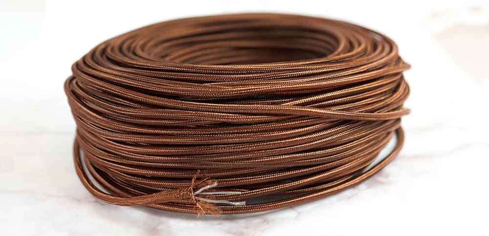 Câble textile rond tresse couleur marron châtaigne - gaine téflon 2x0.75mm² avec câble acier inoxydable porteur